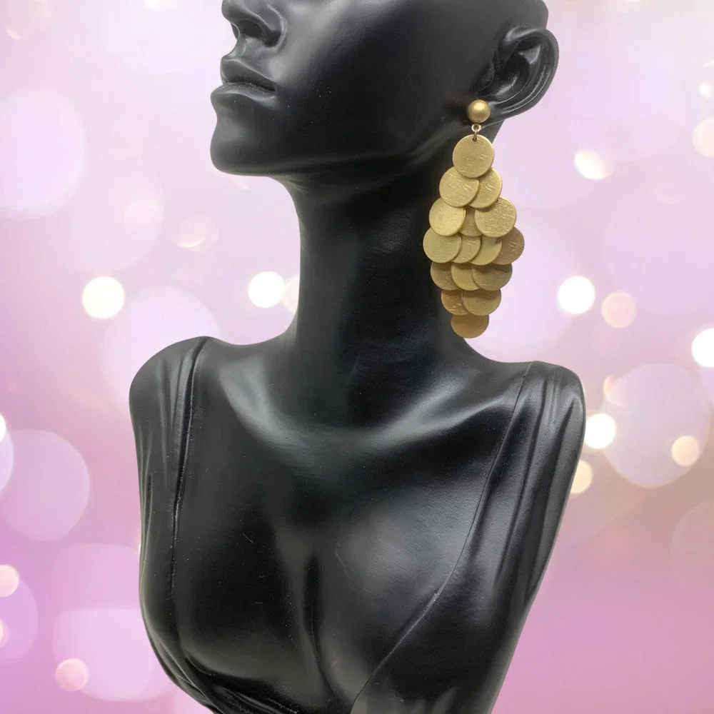 Vintage Y2K Gold Tone Dangle Fishscale Pierced Earrings Avant Garde Statement